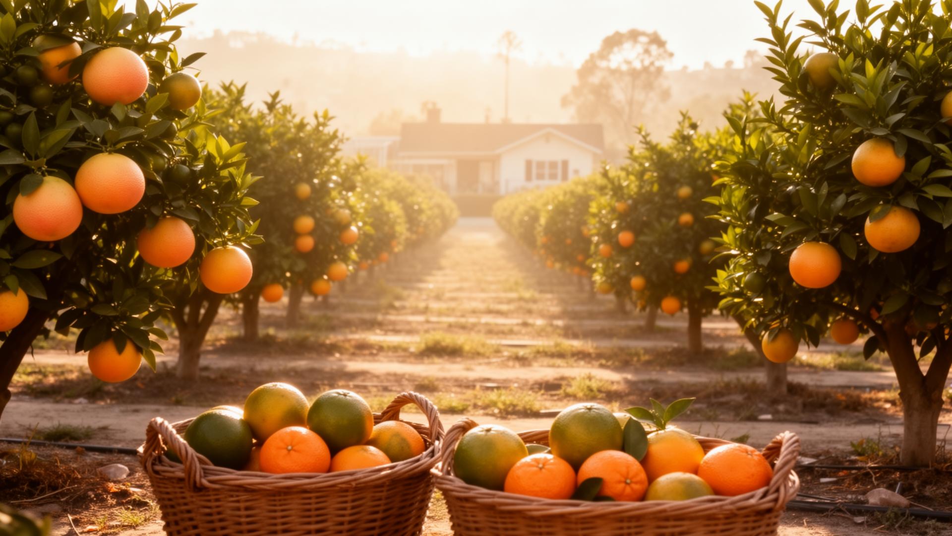 Ryder's Ranch citrus grove at golden hour in Laguna Niguel